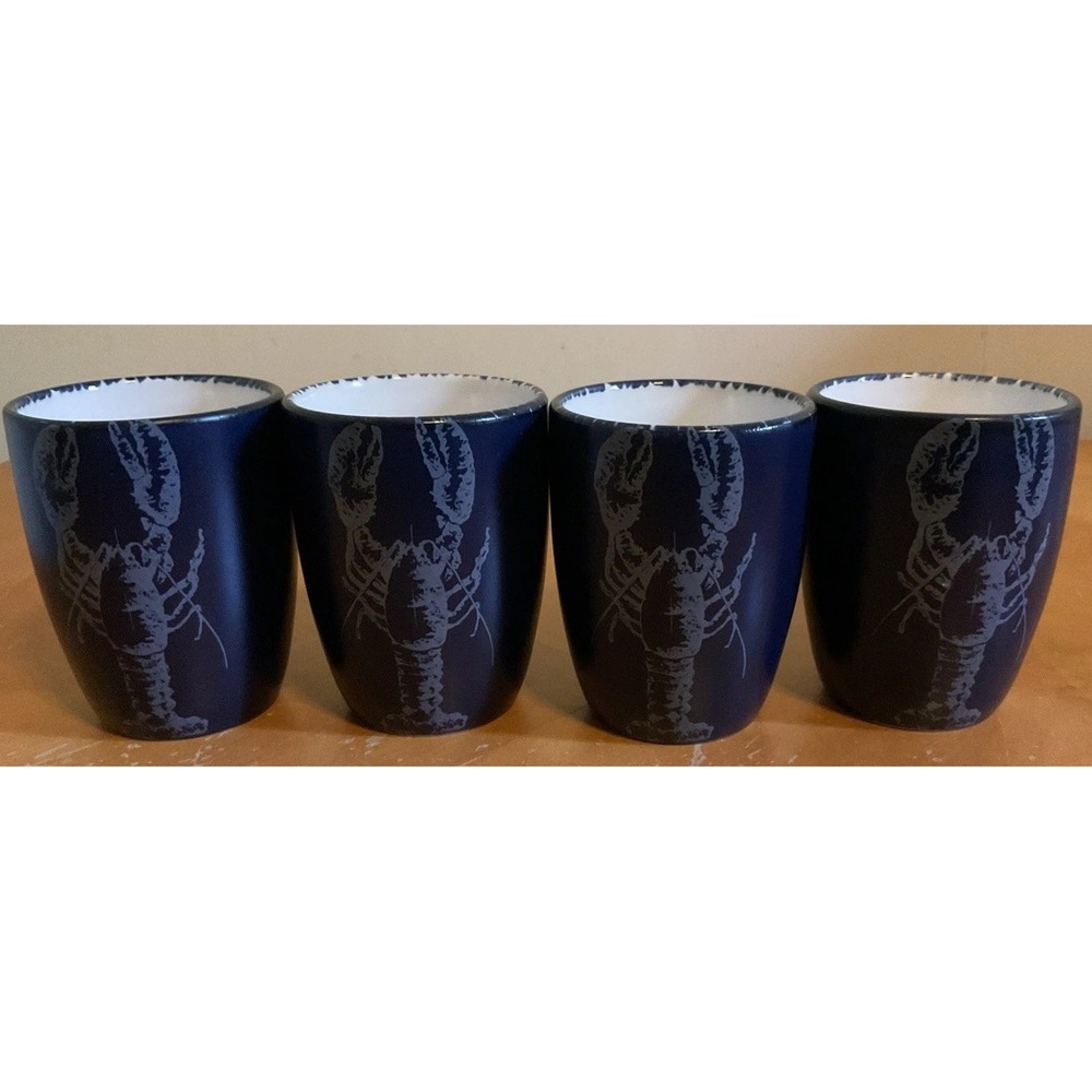 4 Coffee Mugs Lobster‎ Sealife Beach Navy Blue White